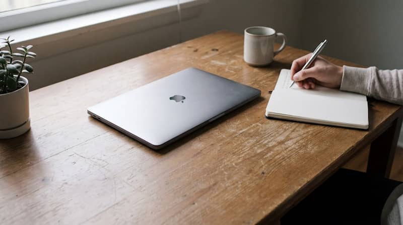 Person writing in notebook next to laptop and plant.