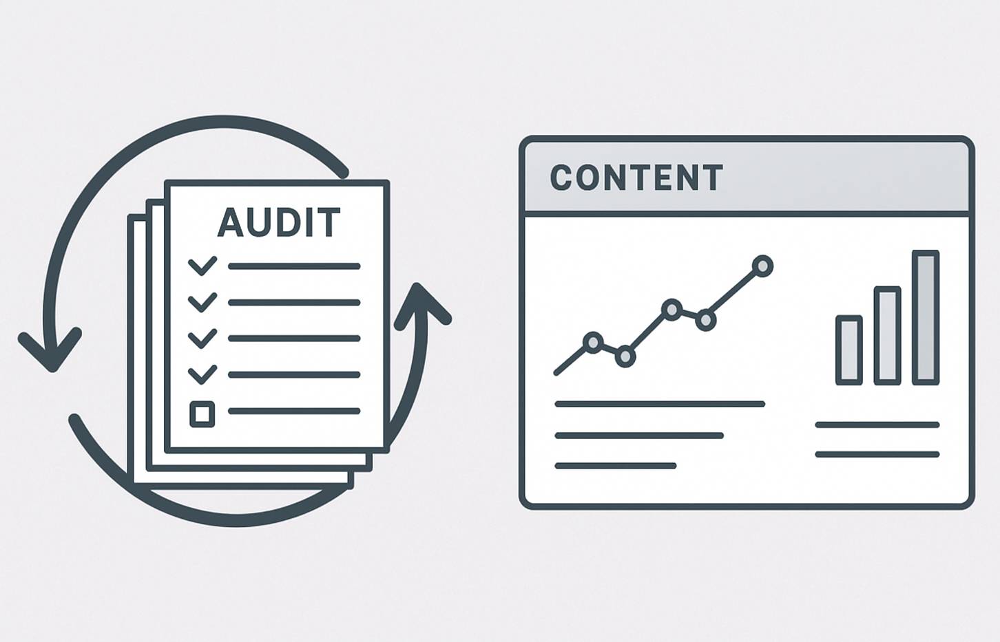 AI-generated graphic of a stack of audit checklists surrounded by circular arrows indicating a cycle next to a dashboard labeled content with graphs.