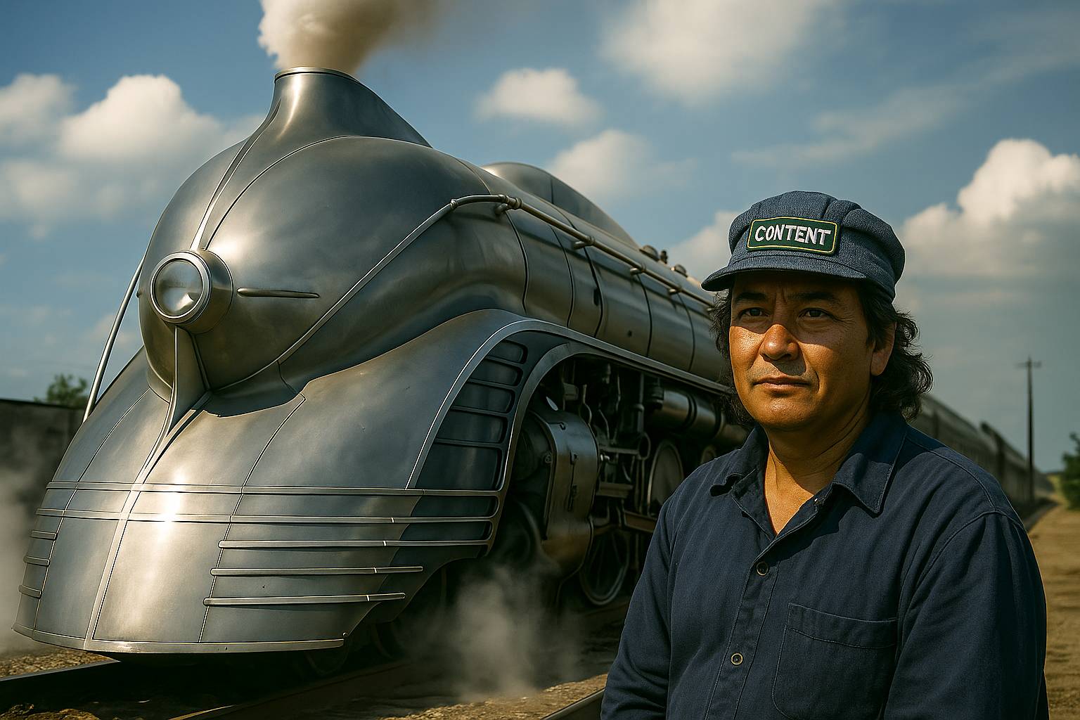 AI-generated image of a futuristic yet retro steam locomotive with a person next to it dressed as an engineer and wearing a hat bearing a label that says content.