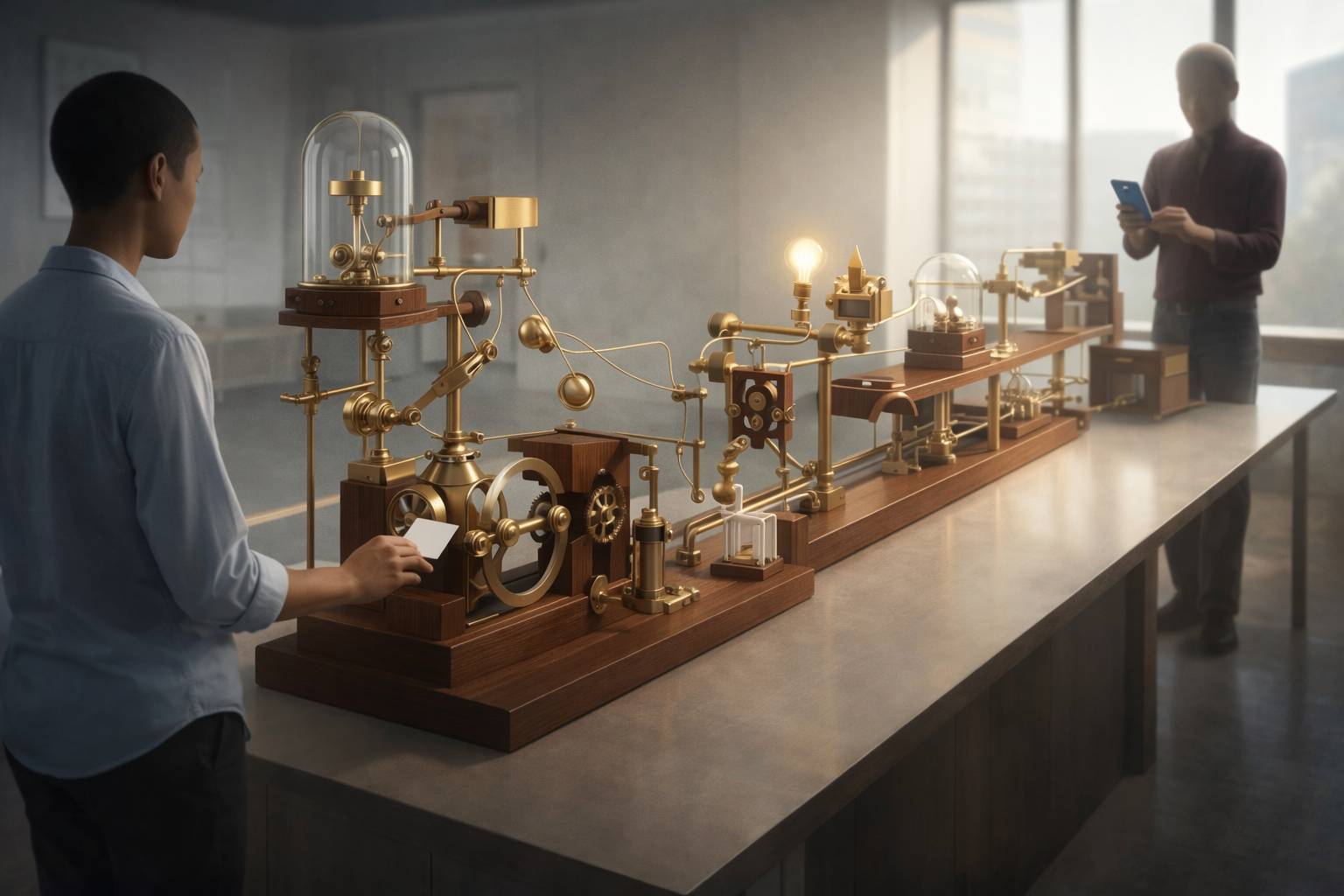 A photorealistic illustration of an elegant Rube Goldberg–style machine made of wood, brass, and glass arranged on a long table in a modern studio. On the left, a gender-neutral person inserts a small card into the mechanism. A series of interconnected ge