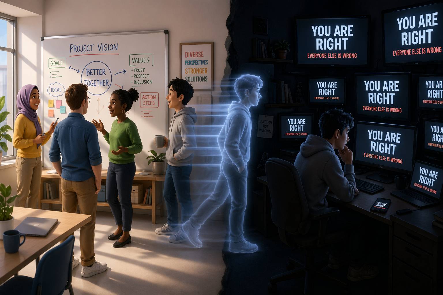 A split image contrasts collaborative teamwork and isolation: on the left, a diverse group discusses ideas around a whiteboard labeled “Project Vision,” while on the right, a single person sits in a dark room facing multiple screens that all display “You 