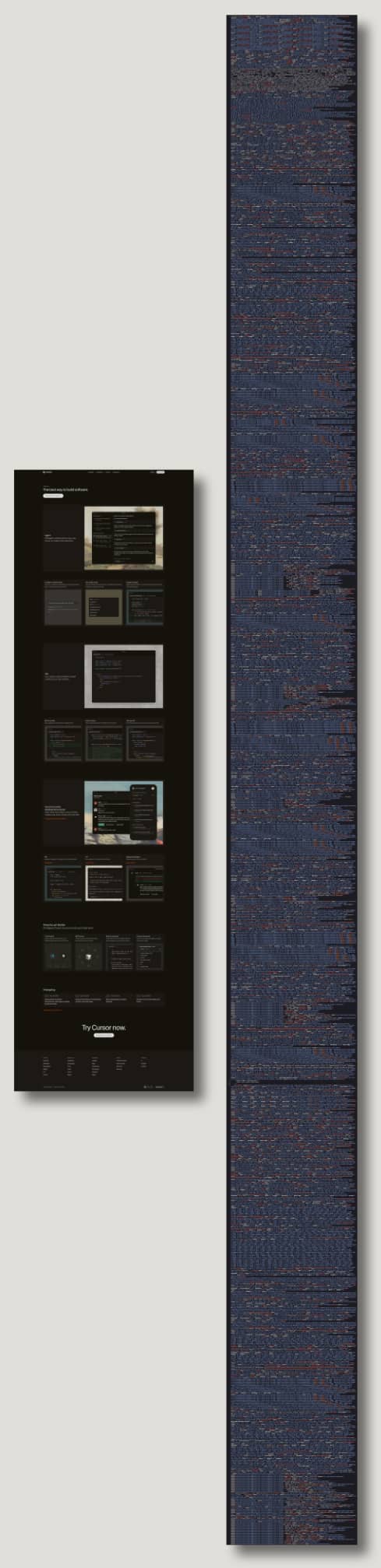 A screenshot of the Cursor.com features page next to a screenshot of the Cursor.com features page HTML code.