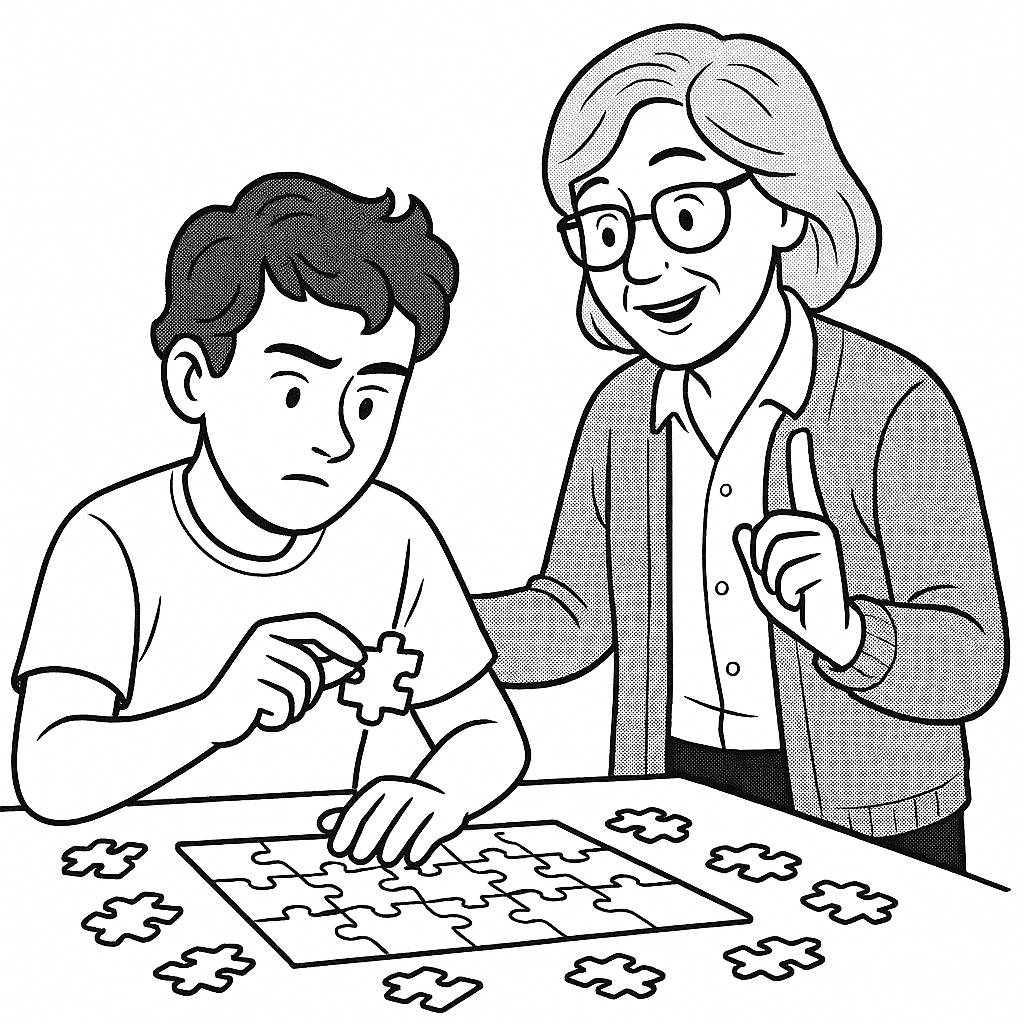 An older woman advises a young person who is working on a puzzle