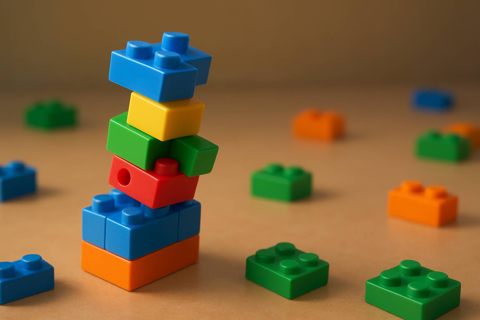 Lego-style blocks form an unstable, tilting tower.