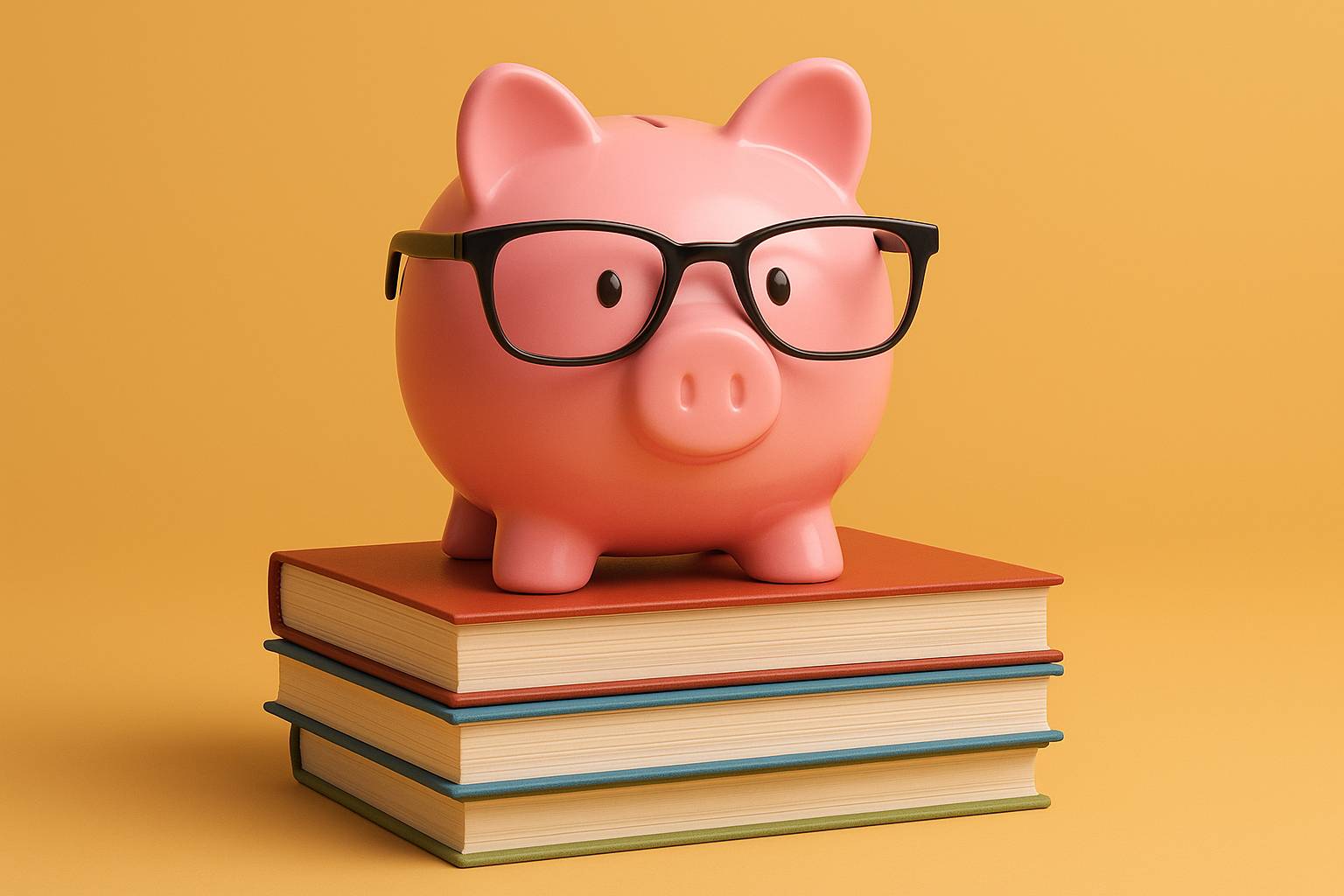 A piggy bank wearing glasses stands on top of some books, one of which has no bound edge.