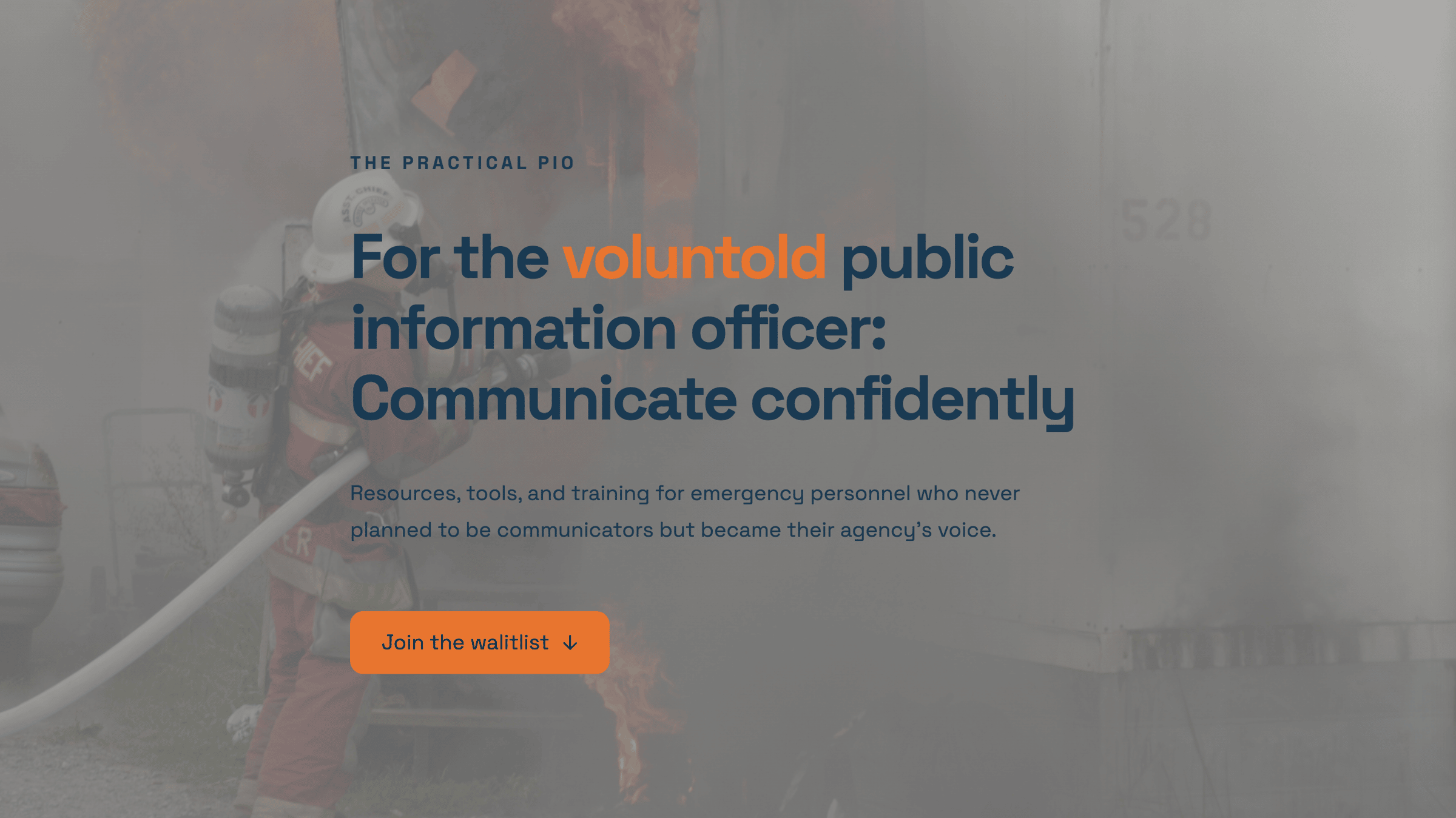 Screenshot of the Practical PIO website with a headline that says "For the voluntold public information officer: Communicate confidently