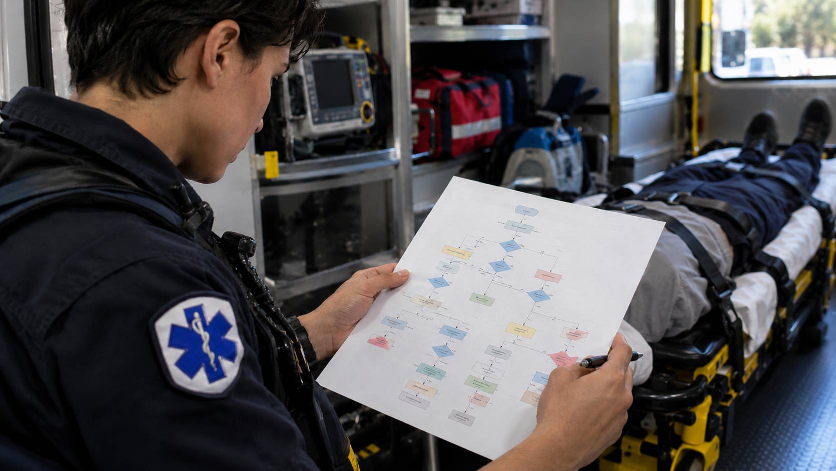 An EMT looks at a diagnostic flow chart in the back of an ambulance.