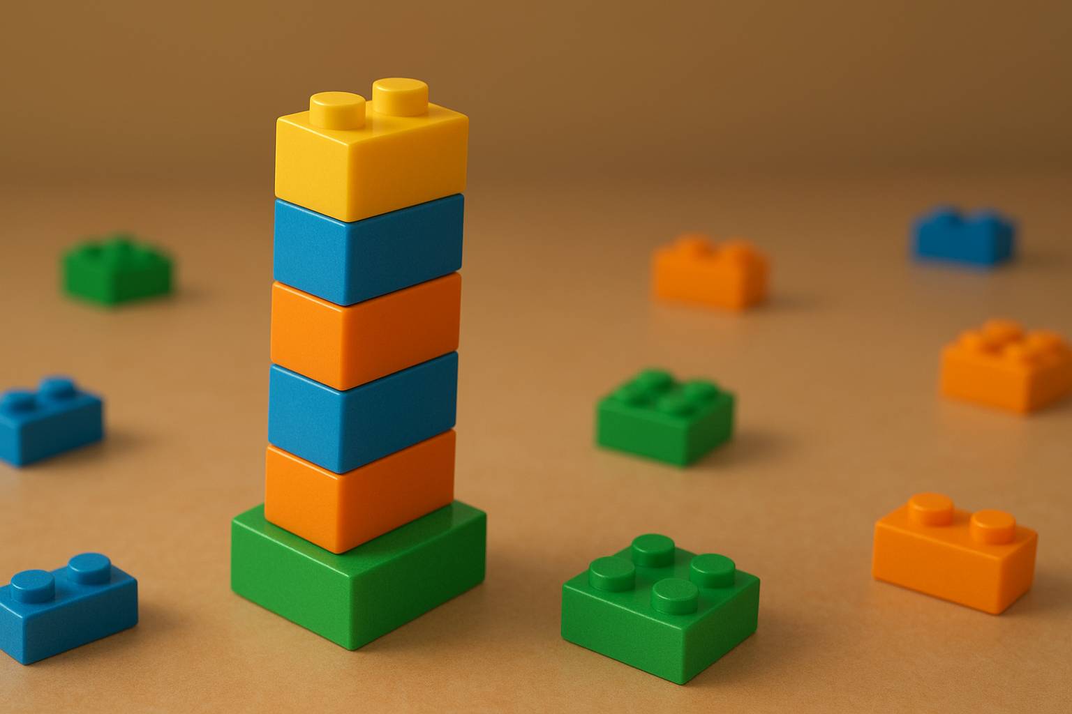 A small tower of Lego-style blocks stands fairly straight.
