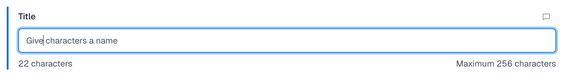 Screenshot of a text field with "Give characters a name" and no validation error.