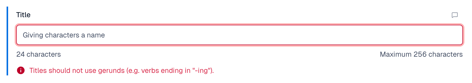 Screenshot of a text field with "Giving characters a name" and an error saying that titles shouldn't use gerunds.