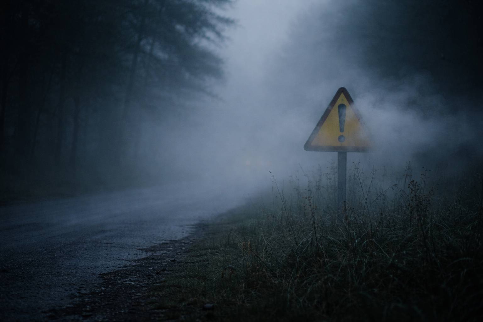 AI generated image of a foggy road with a partially obscured yellow warning sign, suggesting limited visibility and an approaching risk.