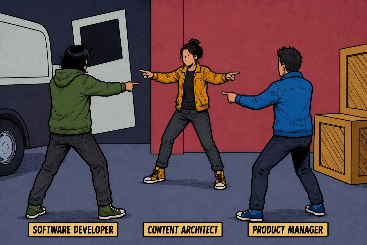 3 people in an alleyway stand in a triangle, each pointing at the other two. The people are labeled software developer, content architect, and product manager.