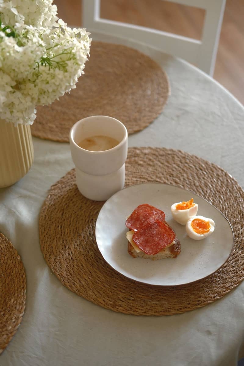 Rustic breakfast: salami toast, soft-boiled eggs, and coffee.