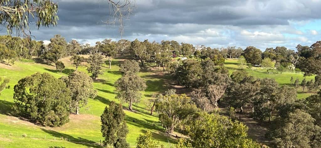 View across the countryside of Panton Hill in Victoria, Australia. Green wooded fields with the sky above - clouds and sun.