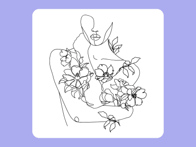 A woman drawn in single line artwork holding wild flowers while hugging herself.