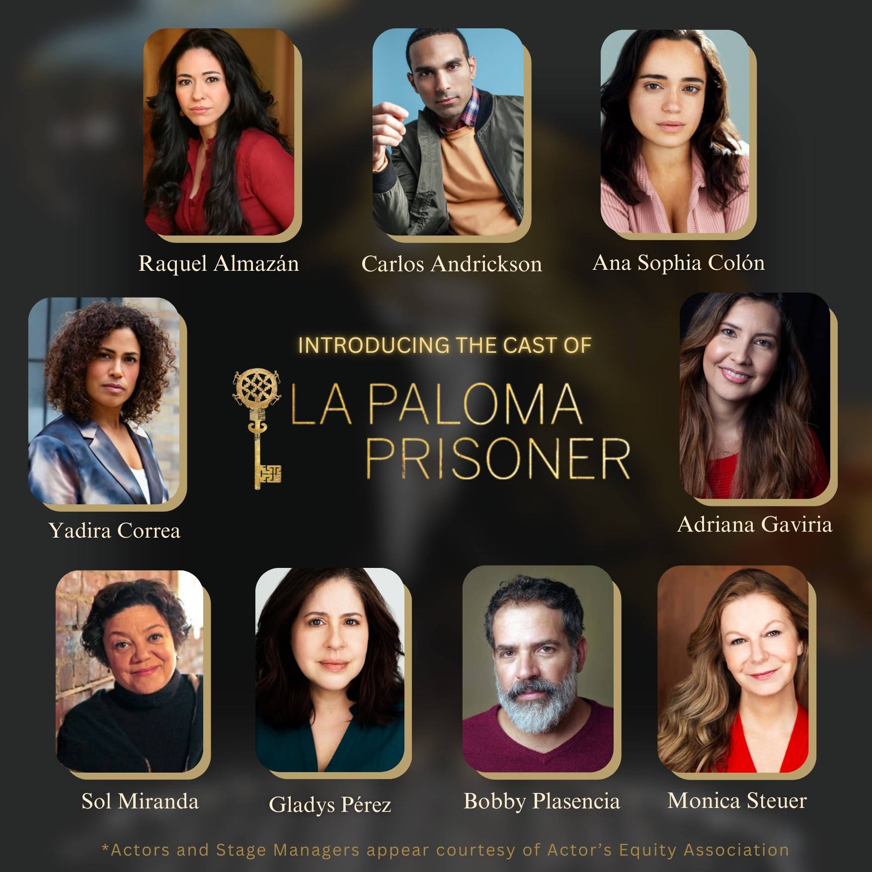 Cast list and actor images for La Paloma Prisoner production - color photos on black background with a gold key 