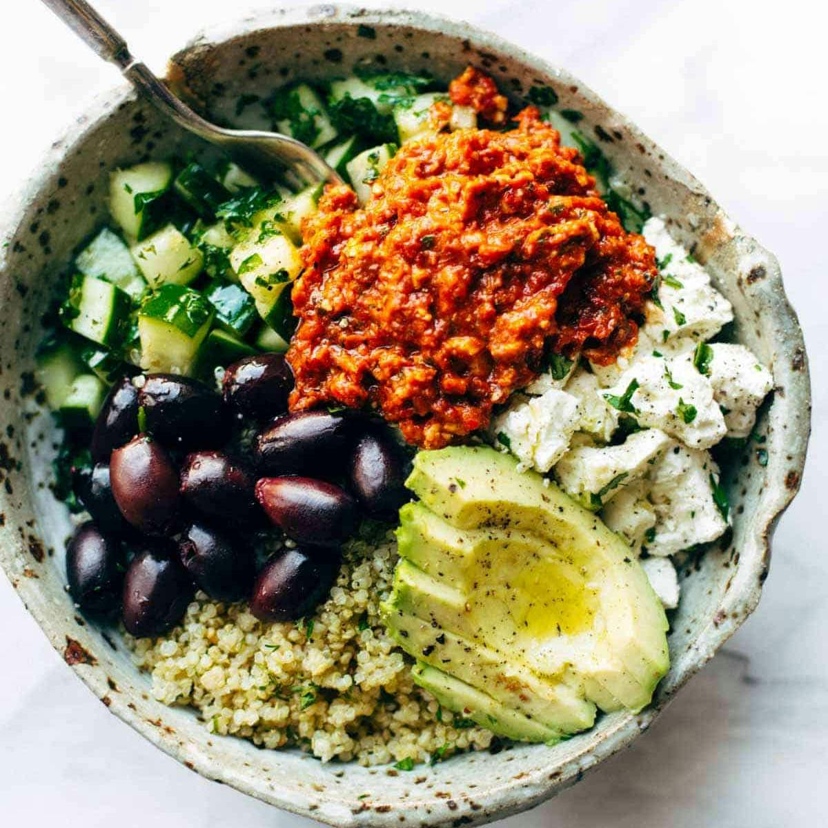 Mediterranean Quinoa Bowls with Roasted Red Pepper Sauce