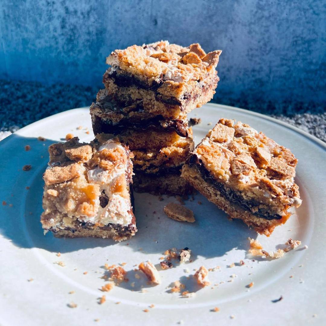 Smores bars stacked on a plate