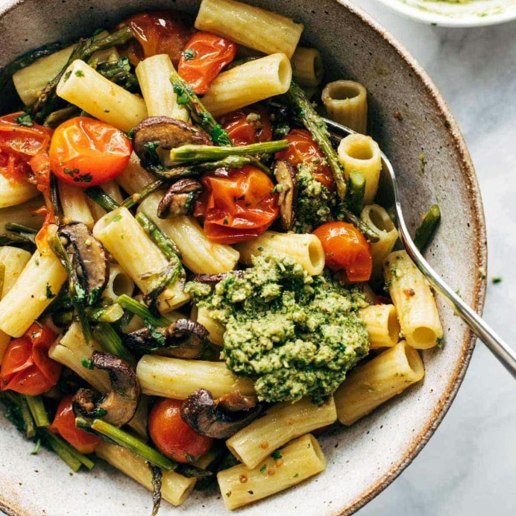 Farmer's Market Pasta in a bowl with a fork.