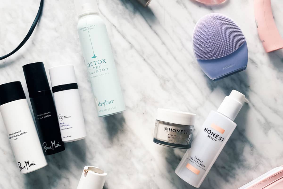 Variety of makeup and skincare products