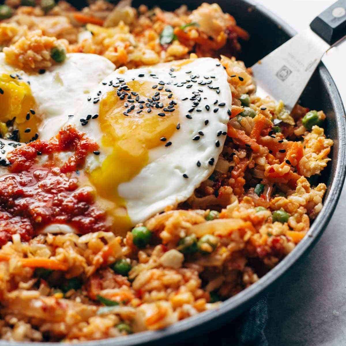 Kimchi fried rice in a pan