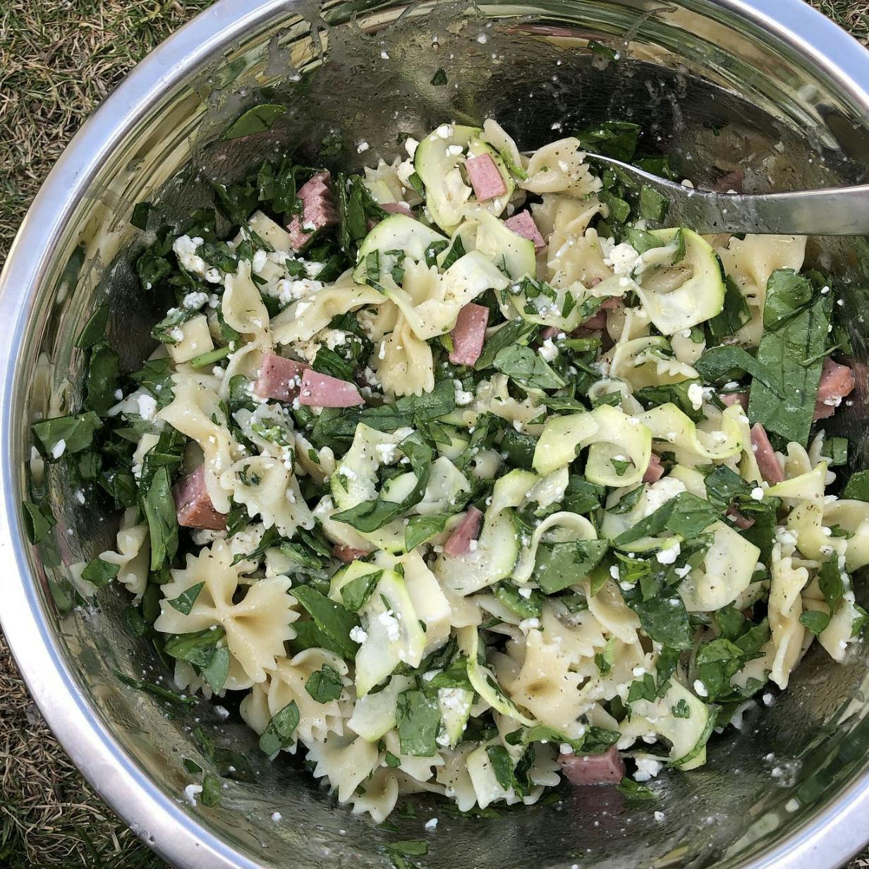 Pasta salad in a bowl.