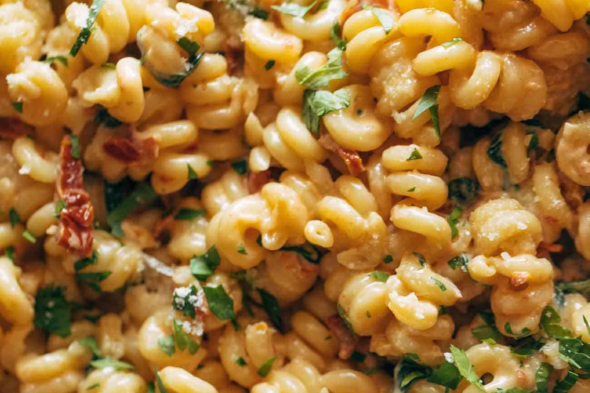 Close-up of sun-dried tomato pasta