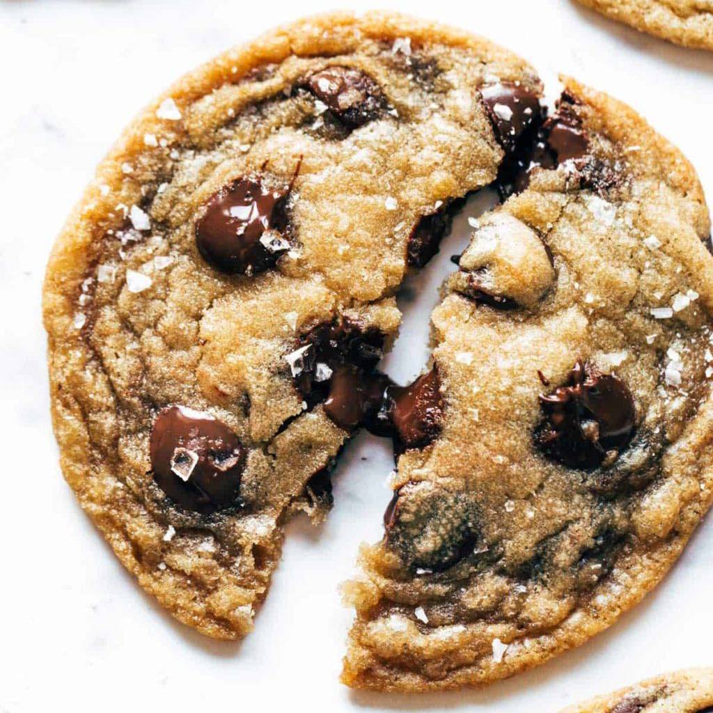 Browned butter chocolate chip cookie in halves.