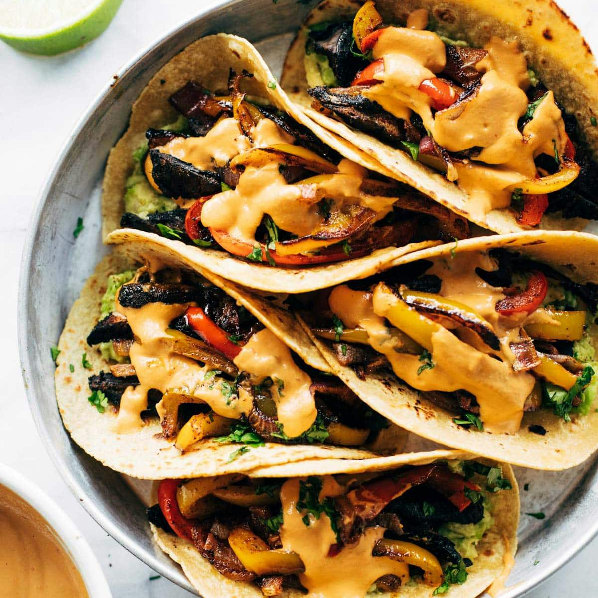 Vegan Sheet Pan Fajitas with Cashew Queso in a pan