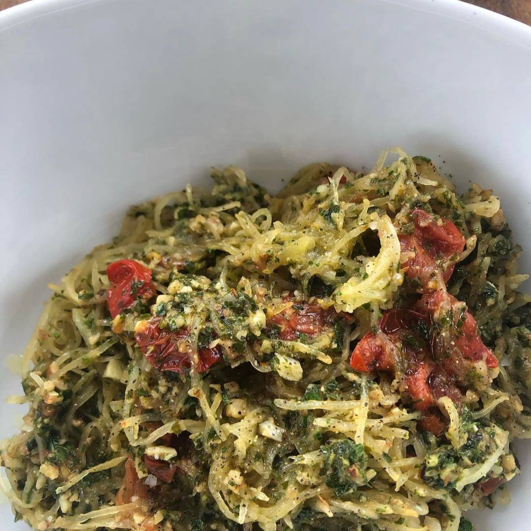 Spaghetti squash topped with kale pesto