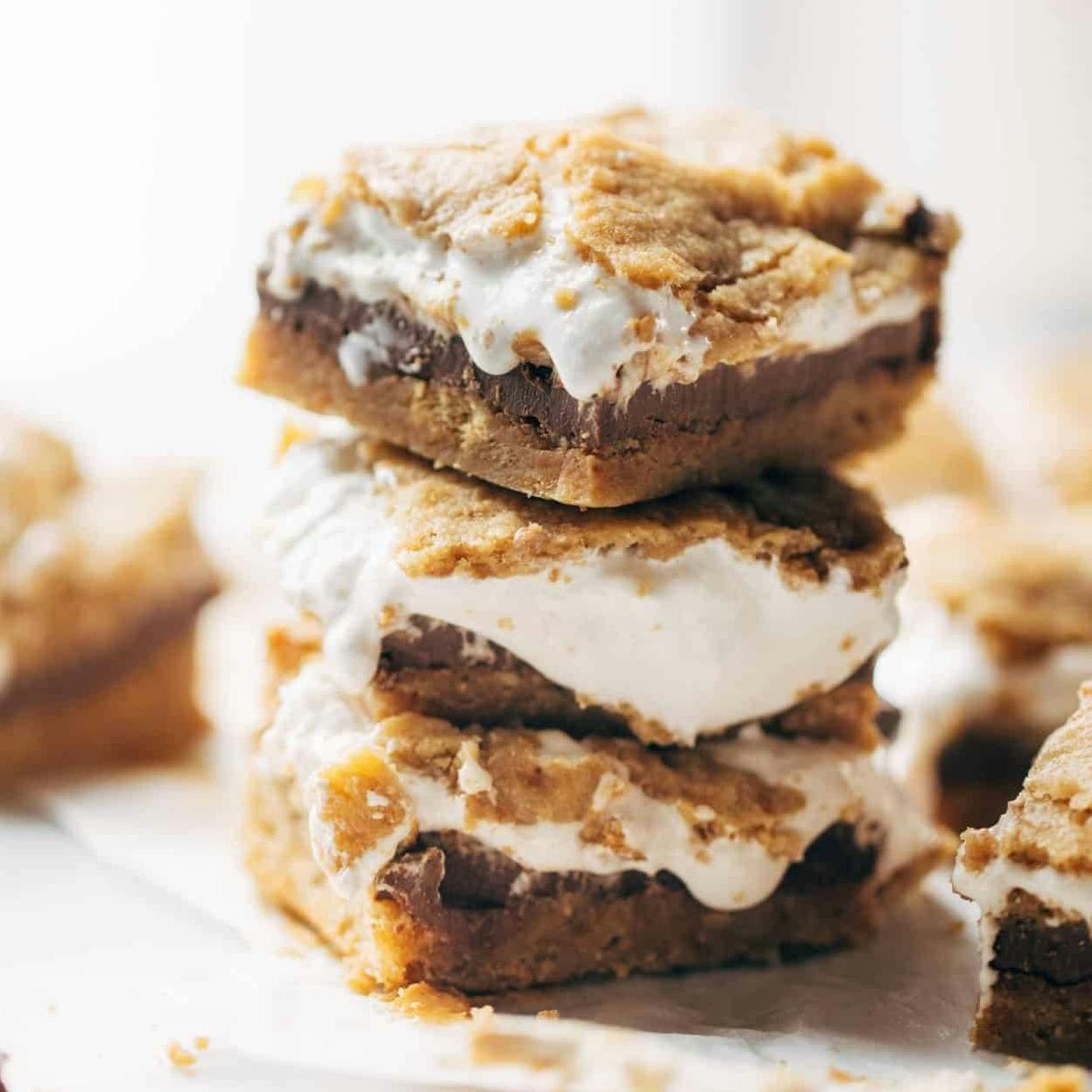 Three s'more bars in a stack.