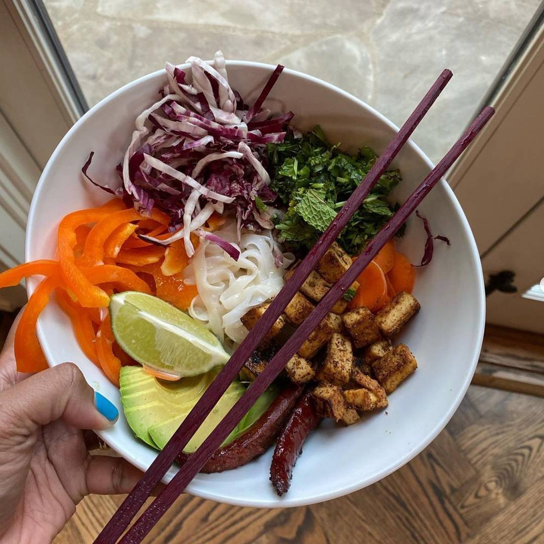 Deconstructed spring roll in a bowl with chopsticks