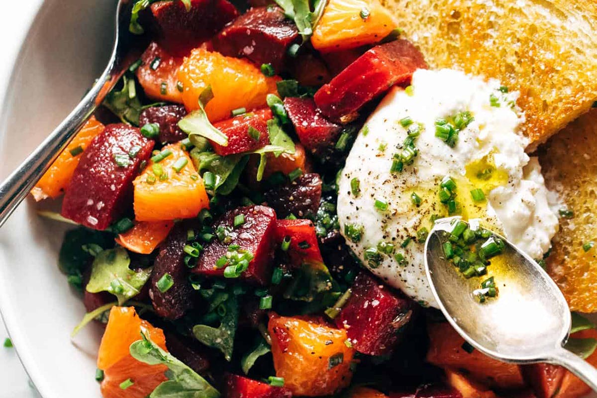 Beet and Burrata Salad with Fried Bread in a bowl