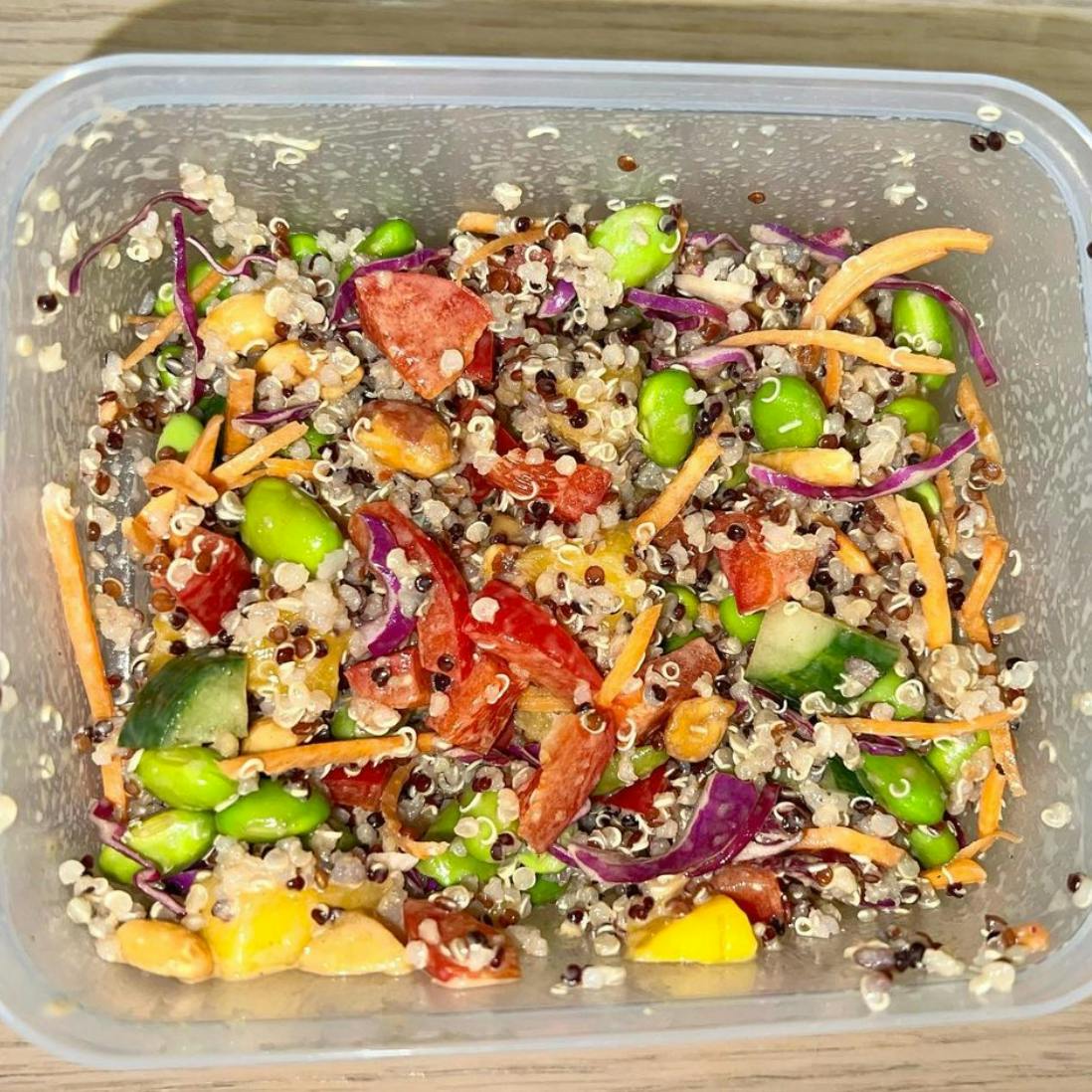 Quinoa salad in a tupperware.