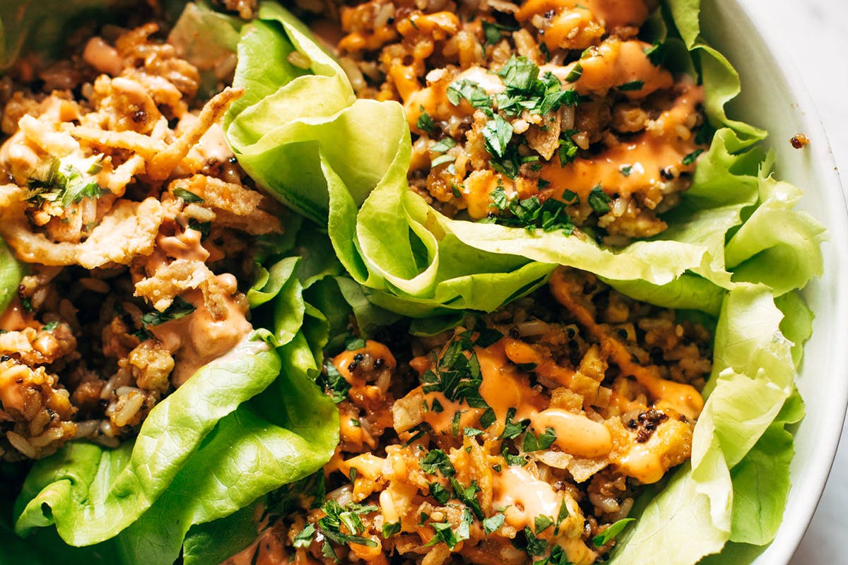 Tofu and Brown Rice Lettuce Wraps with Peanut Sauce