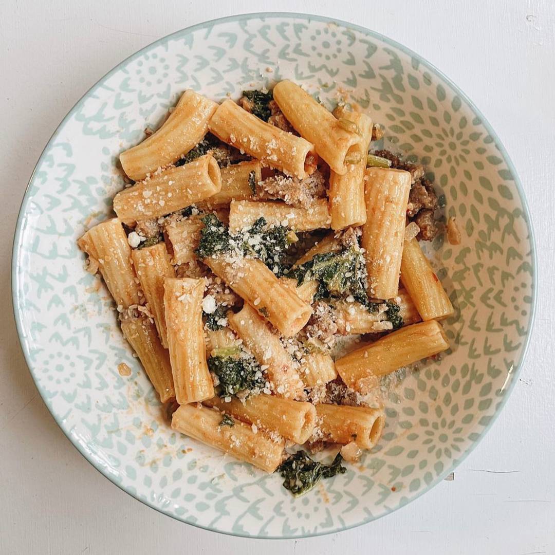 Rigatoni with sausage in a bowl