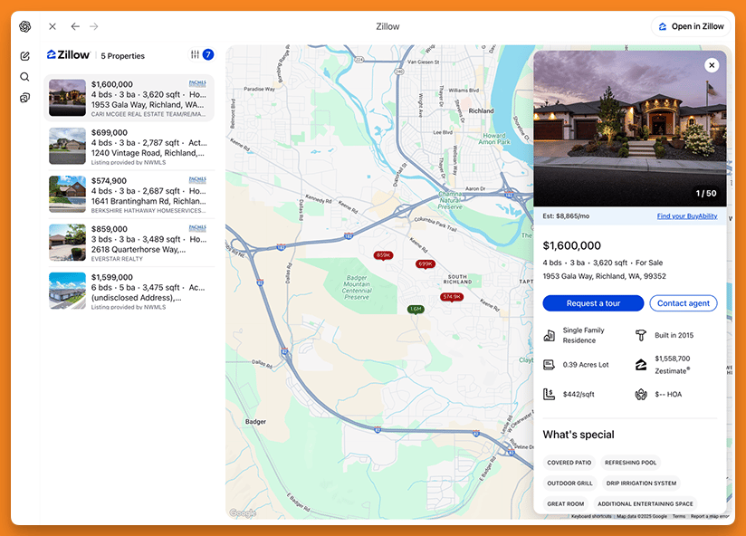 screenshot of the Zillow integration in ChatGPT