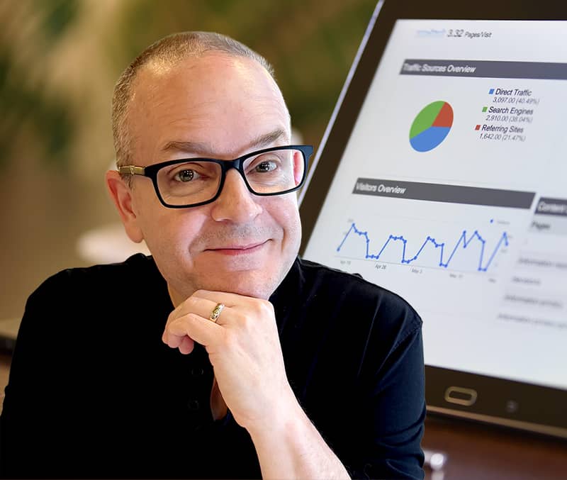 photo of Matt McGee superimposed over a screen with Google Analytics data showing