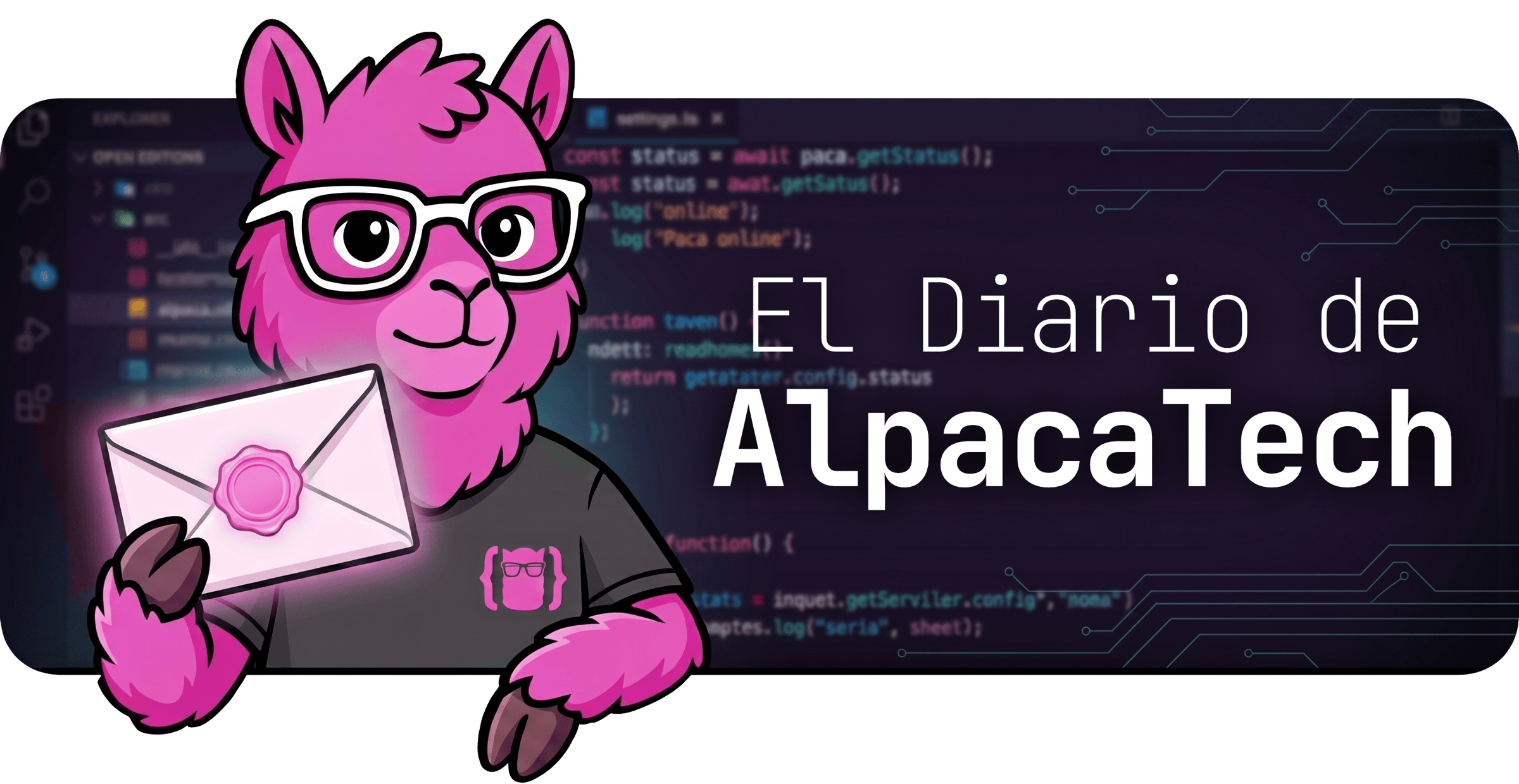 El Diario de AlpacaTech — alpaca rosa con gafas, sosteniendo un sobre delante de un editor de código