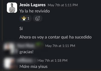 Mensaje en Slack: ya está arreglado, me pongo a investigar la causa raíz