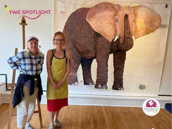 llustrator Lucky Platt Who Finds Art in Unexpected Places shown here with her life-sized baby elephant mixed media project and TWE Publisher Pamela Burke at Farnsworth Museum’s 365 Gallery | The Women’s Eye   | The Women's Eye | TheWomensEye.com