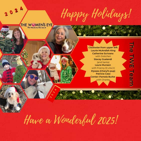 Happy Holidays from the TWE Team | Clockwise from top left: Laurie McAndish King, Catherine Scrivano with Gretchen, Stacey Gualandi with Santa, Laura Munson with Franny (l) and Lita (r), Elysses (Cheryl's pup), Patricia Caso, Center: Pamela Burke with Charley