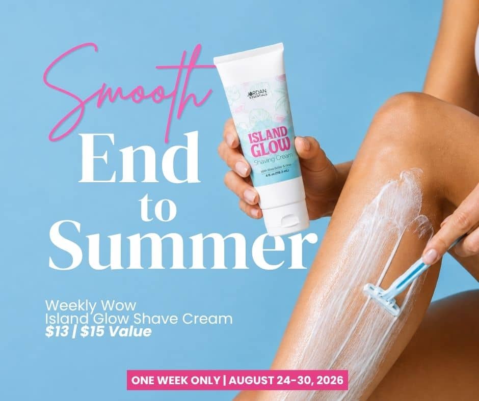 a girl shaving her leg and holding an Island Glow shave lotion