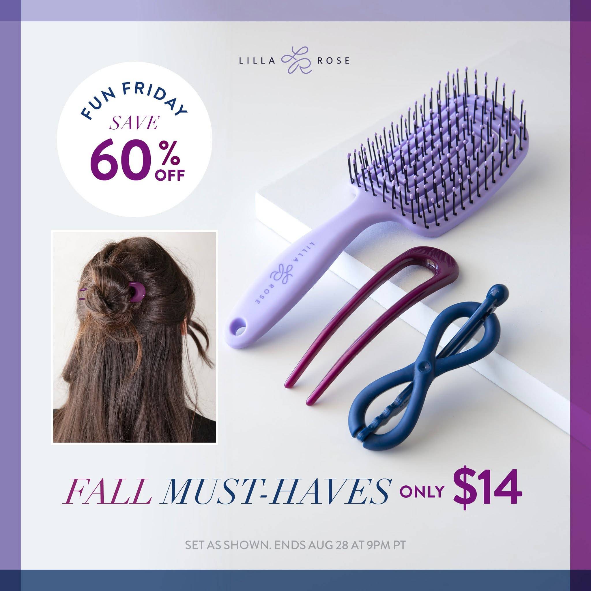 Lavender hair brush, purple acrylic u pin, blue patented flexi sport sold as a set at 60% off for $14.