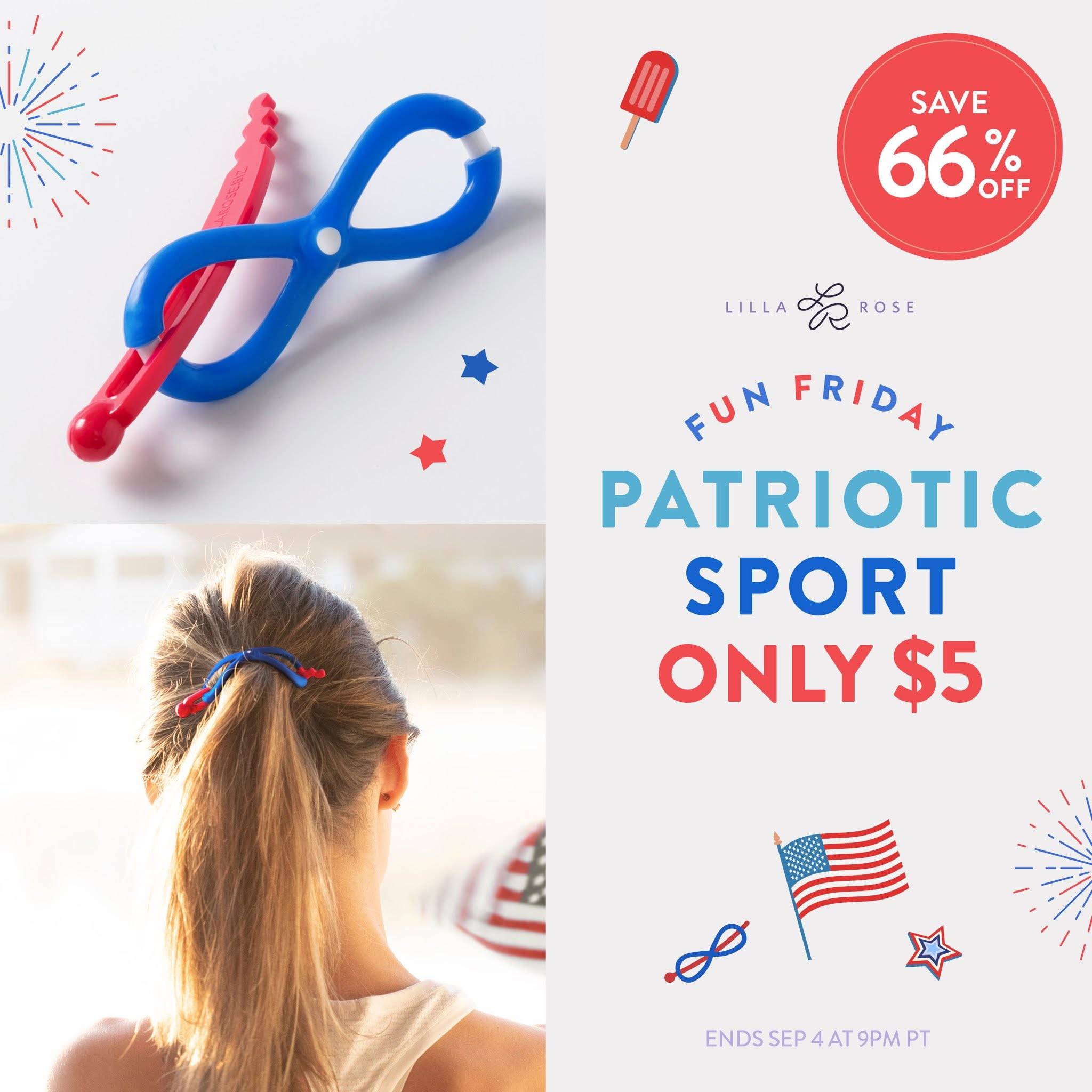 Red white and blue flexi sport in a woman's ponytail