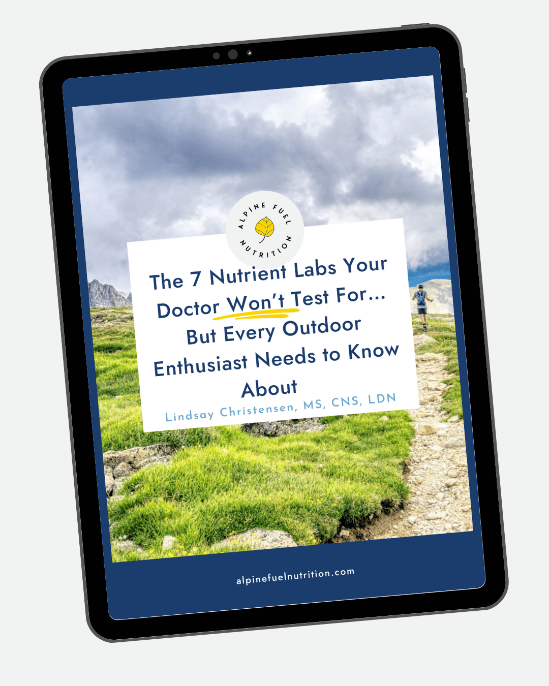 E-book cover displayed on a tablet screen. The title reads, "The 7 Nutrient Labs Your Doctor Won’t Test For... But Every Outdoor Enthusiast Needs to Know About" by Lindsay Christensen, MS, CNS, LDN. The cover has a background image of a scenic outdoor landscape with green hills and cloudy skies, and a round logo at the top with the text "Alpine Fuel Nutrition." The website "alpinefuelnutrition.com" is at the bottom.