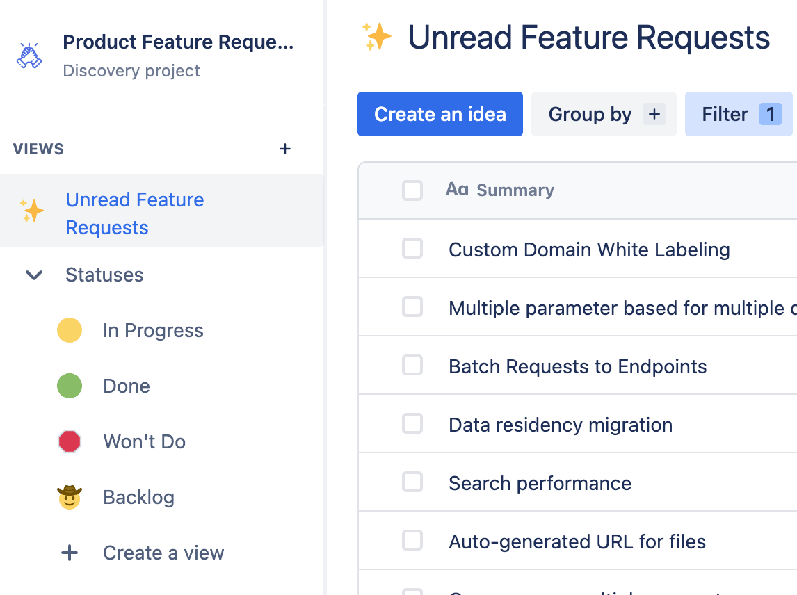 A view of feature requests inside the hub. The navigation column highlights "unread feature requests" and the content includes a list of feature requests and the ability to "create an idea". 