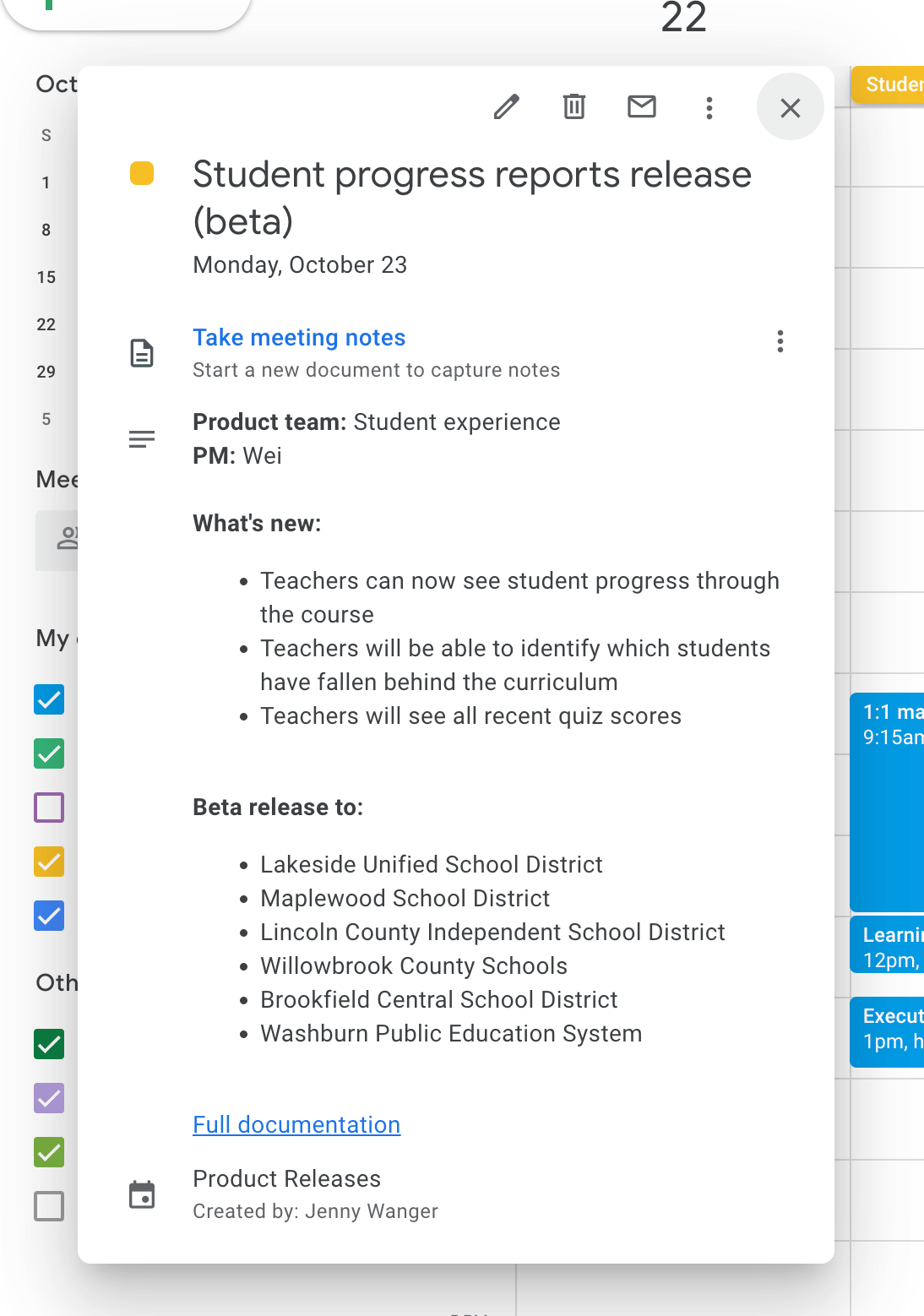 A screenshot of a google calendar event detailing the release, what's in the release, and who is impacted by the beta