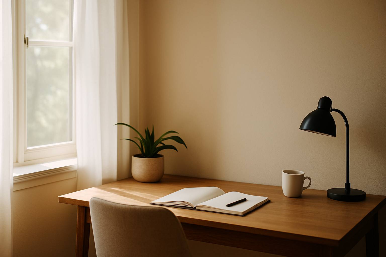 A clean desk by a window. 
