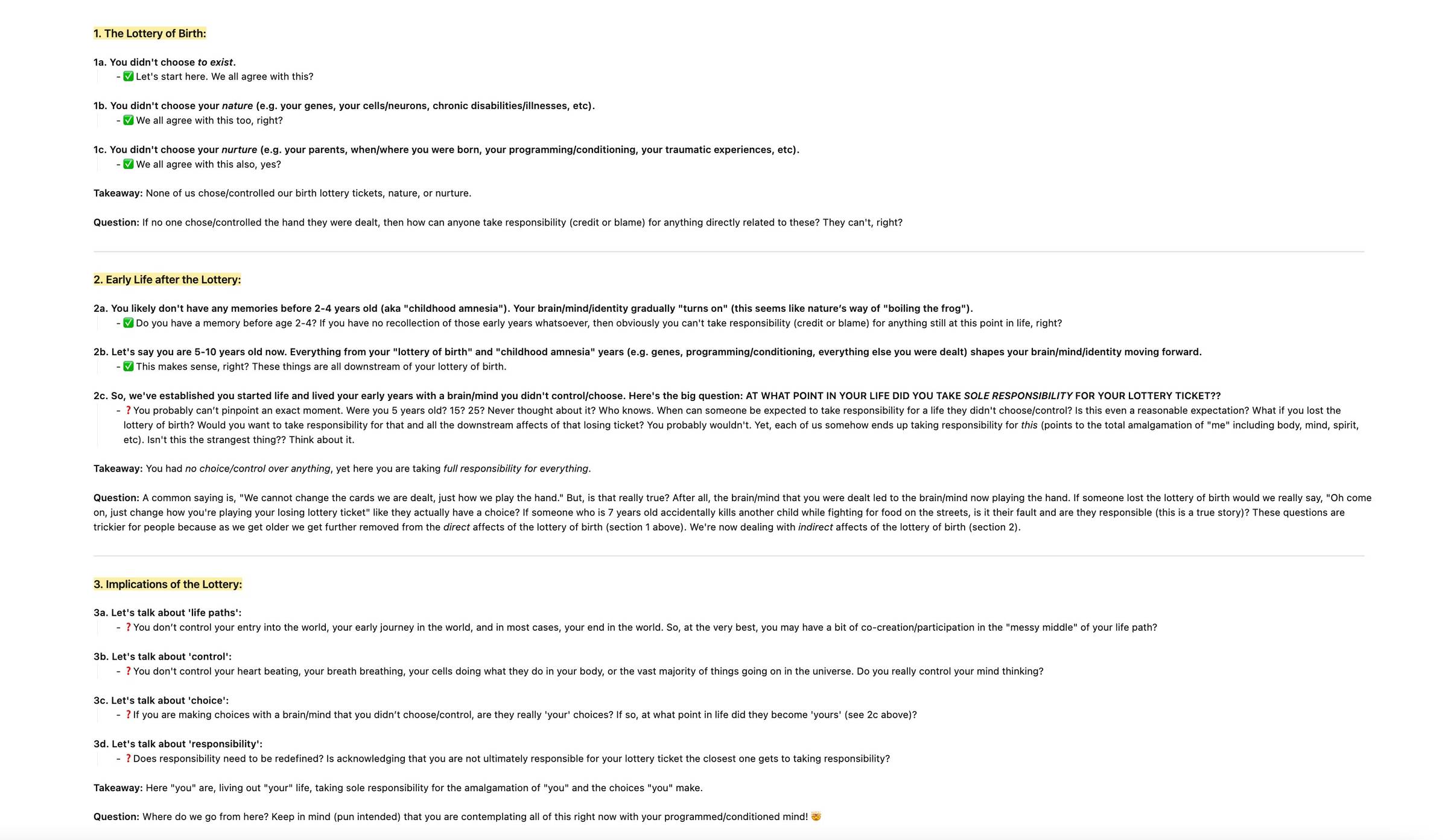 Lottery of Birth Summary